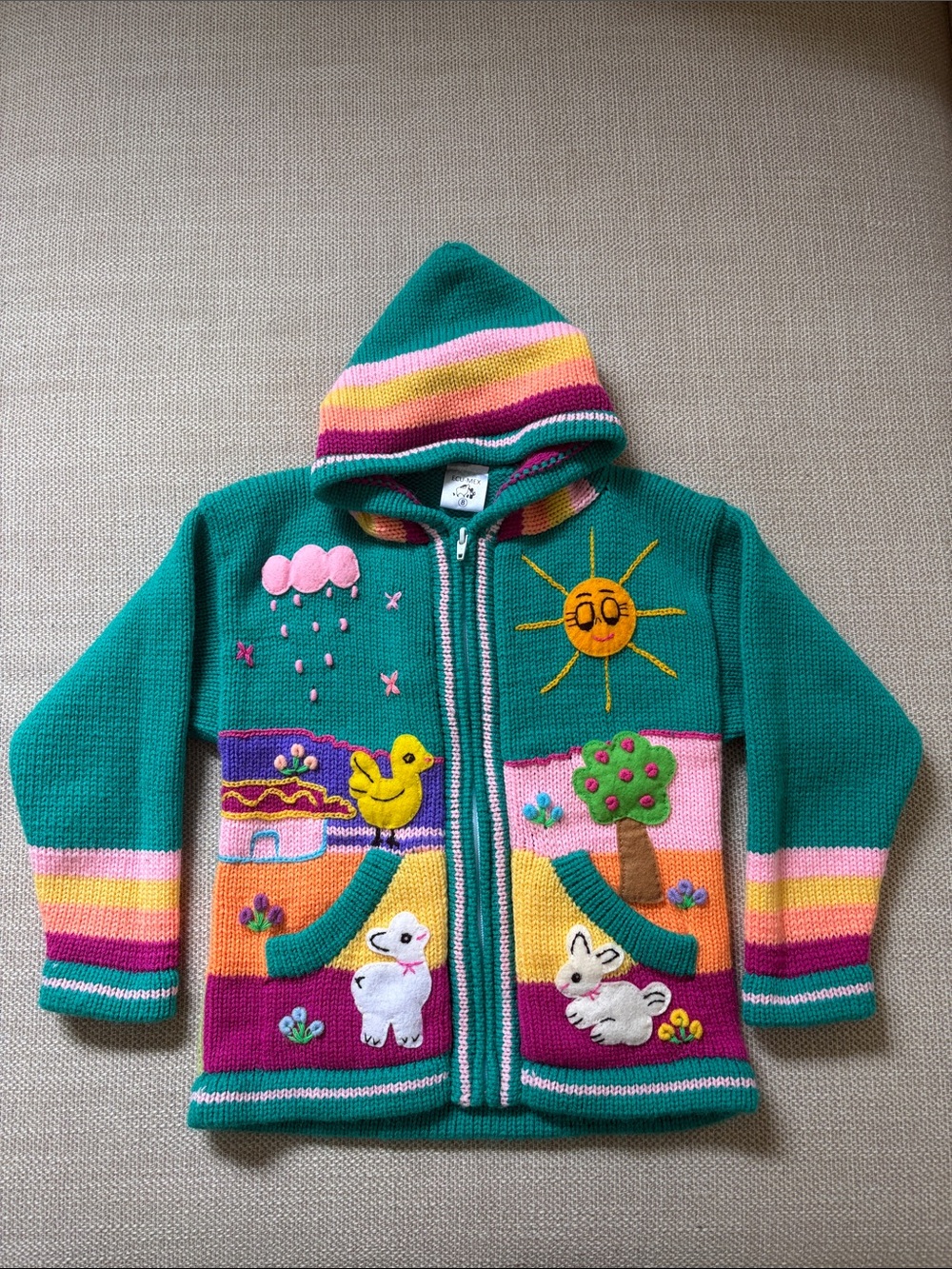 Peruvian Embroidered Zip Hooded Sweater— Teal Multi Animal & Sun Appliqué